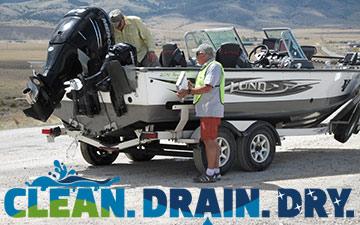 Man inspecting a motorboat on a trailer, with 'Clean Drain Dry' logo overlay.
